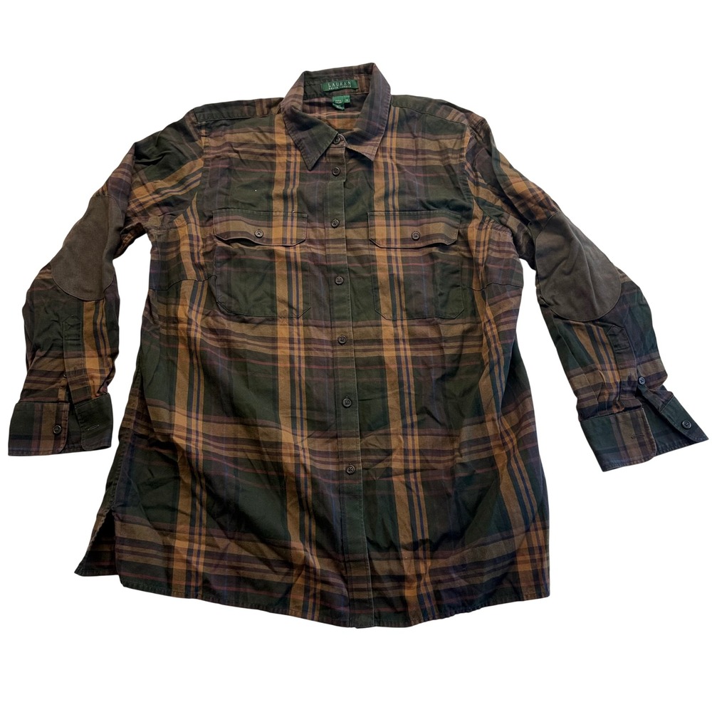 Lauren Ralph Lauren Button Down Shirt Womens 1X Green Plaid Elbow Patch EUC